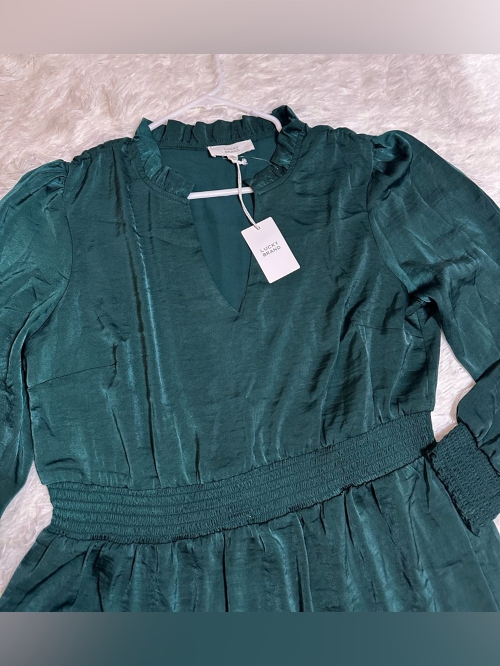 Lucky Brand Emerald Long-Sleeve V-Neck Smocked Mini Dress Ruffle XL Elegant - Picture 4 of 11